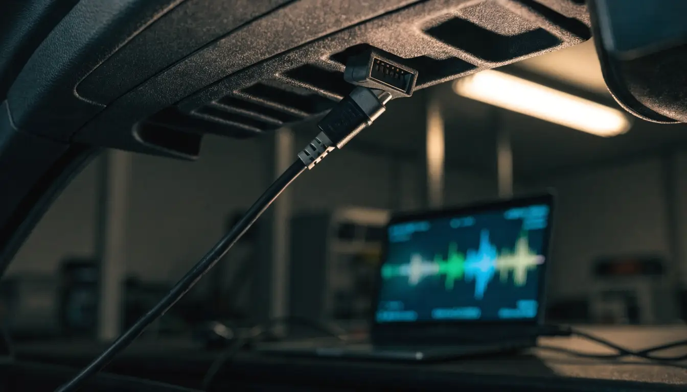 A diagnostic cable on a dashboard — downloading event data recorder evidence after a Riverside crash