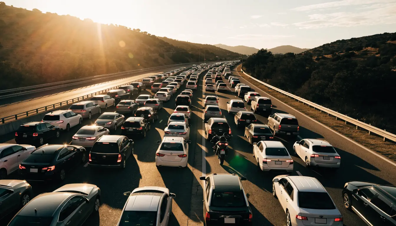A motorcycle lane splitting legally between slow traffic on a Riverside freeway