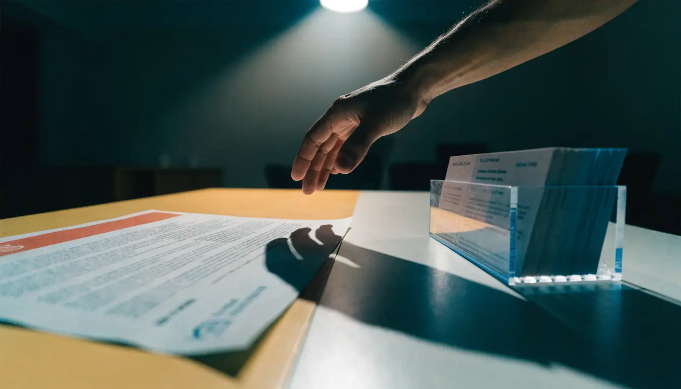 An insurance envelope and a legal pad on opposite sides of a desk in downtown Riverside