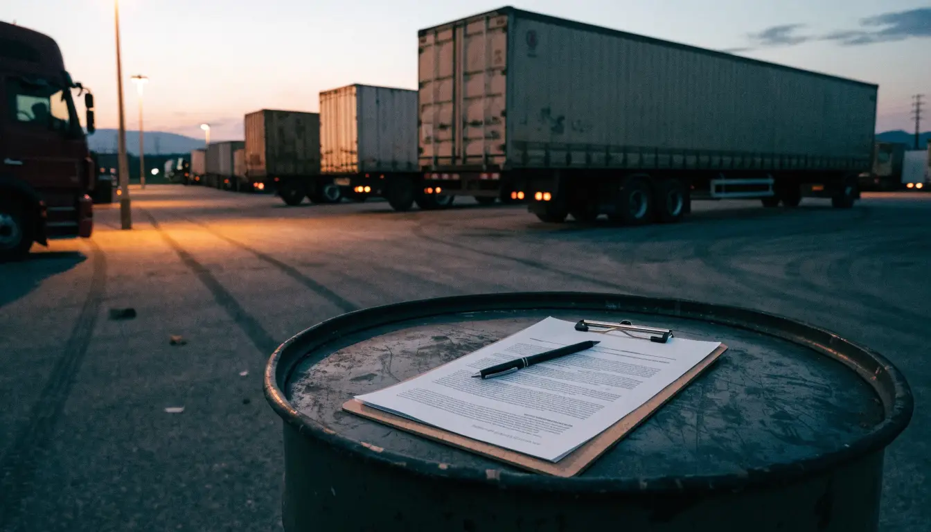 Trailers in an east Riverside freight yard at dawn — the commercial scale behind truck settlements