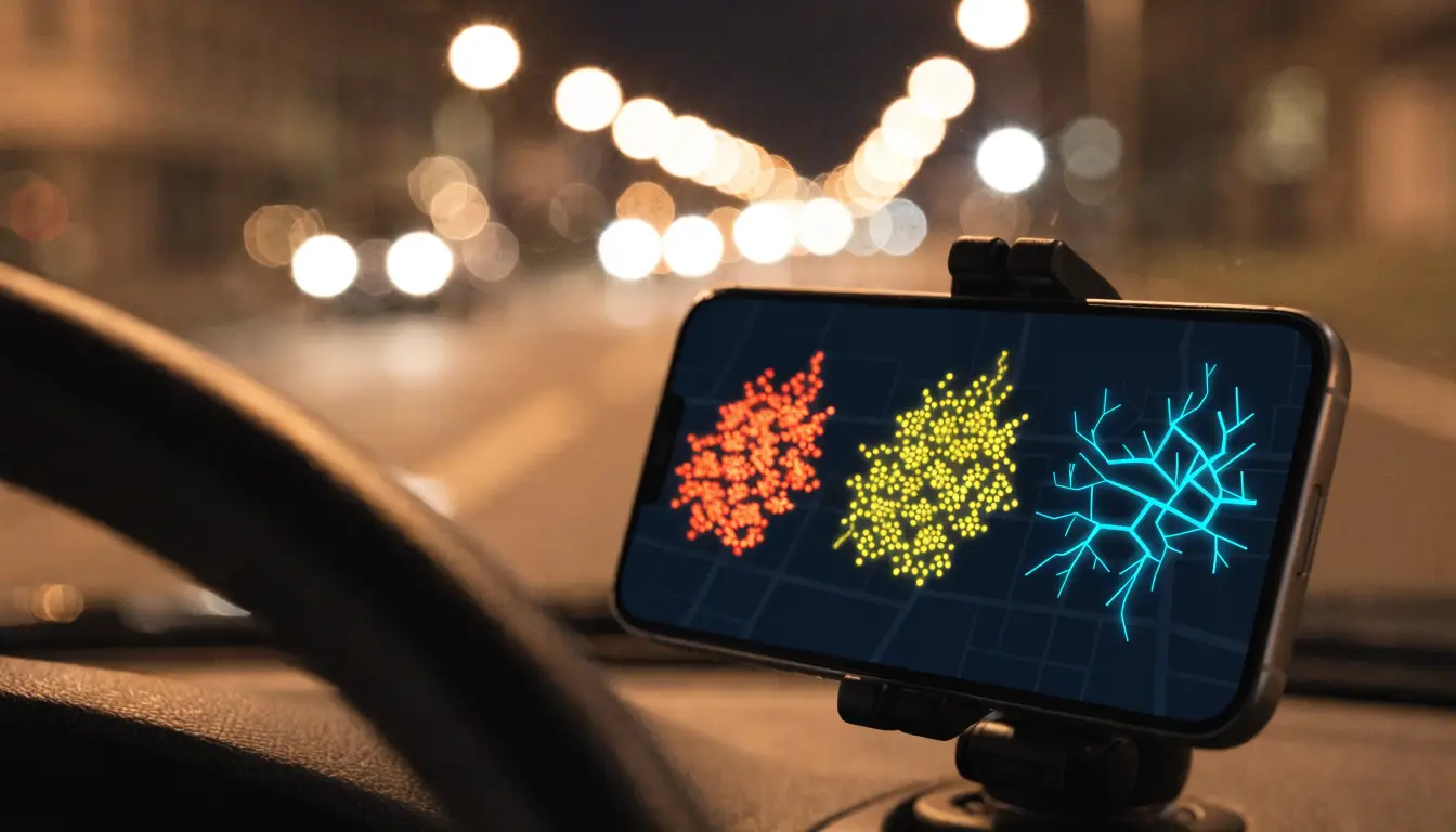 A rideshare driver's phone in a dash mount at night in downtown Riverside — the app status that decides coverage